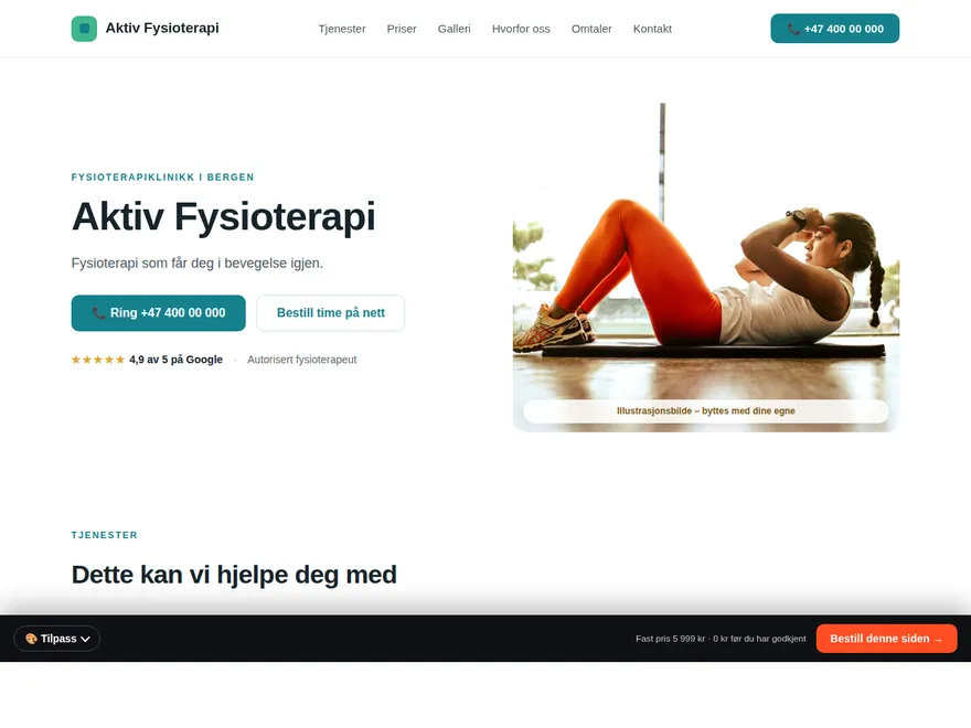 Skjermbilde av eksempel-nettside for fysioterapi