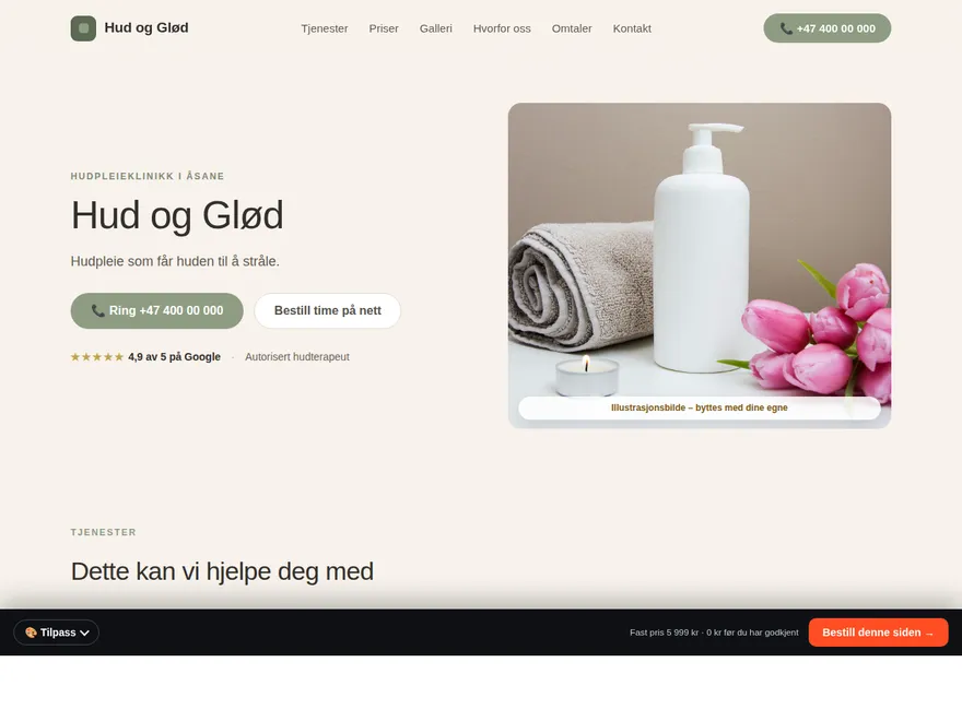 Skjermbilde av eksempel-nettside for hudpleieklinikk